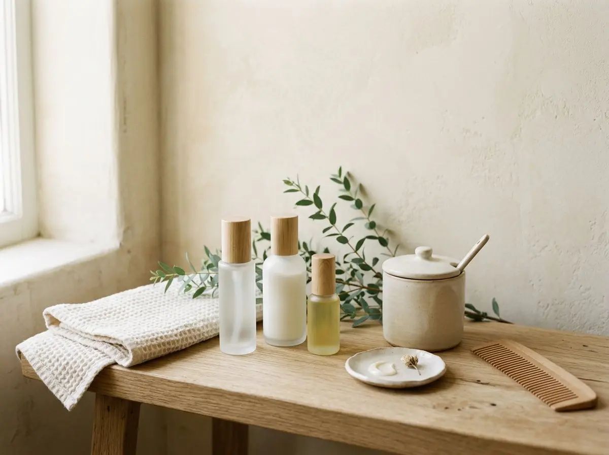 Unlabeled frosted glass bottles, a wooden comb, and a folded cotton cloth