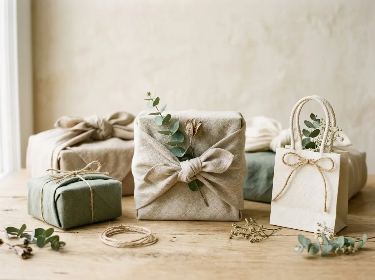Gift boxes wrapped in linen furoshiki cloth and tied with twine