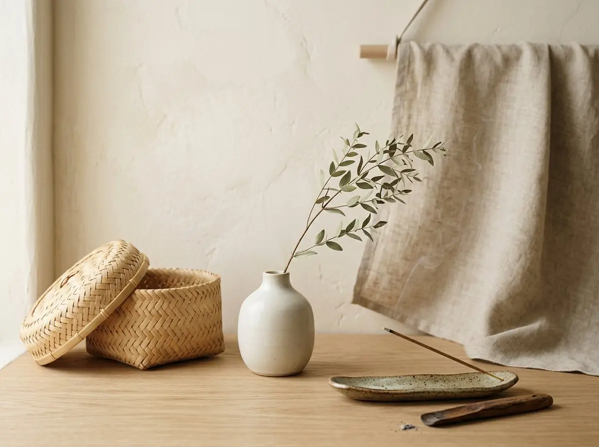 A ceramic bud vase with a single branch next to a woven bamboo basket