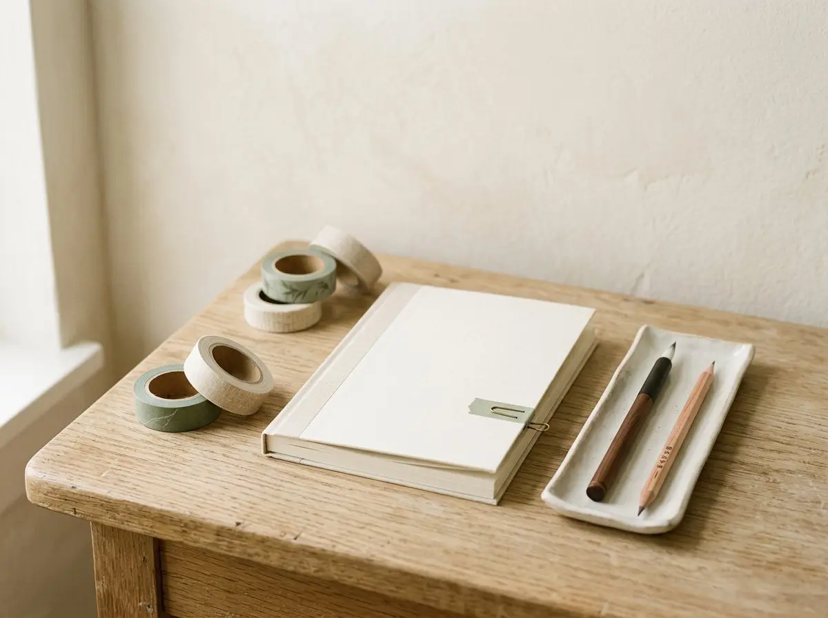 A cream notebook, washi tape rolls, and a brush pen on a wooden desk