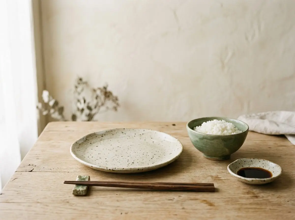 Speckled stoneware plates, a sage-green bowl, and wooden chopsticks on a wooden table