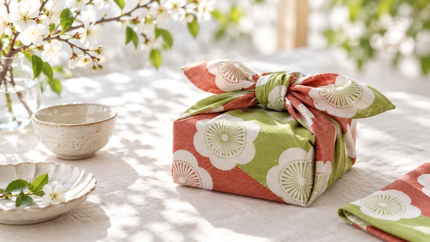 A gift box wrapped in a red and green floral furoshiki cloth, knotted on top, beside ceramic bowls and white blossoms