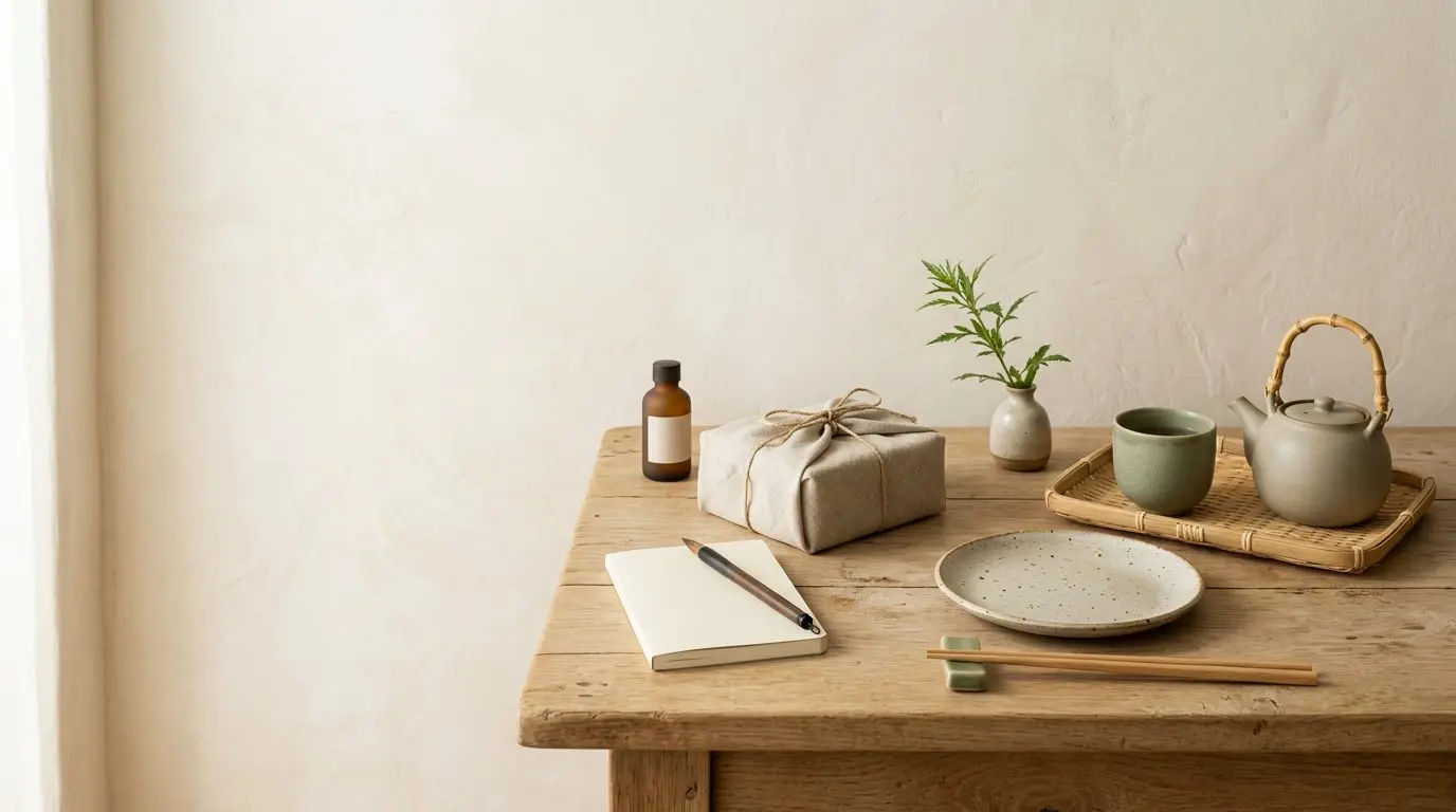 Japan-inspired everyday items on a wooden table: a teapot and cup on a bamboo tray, a speckled plate, chopsticks, a notebook, a furoshiki-wrapped gift, and a small vase