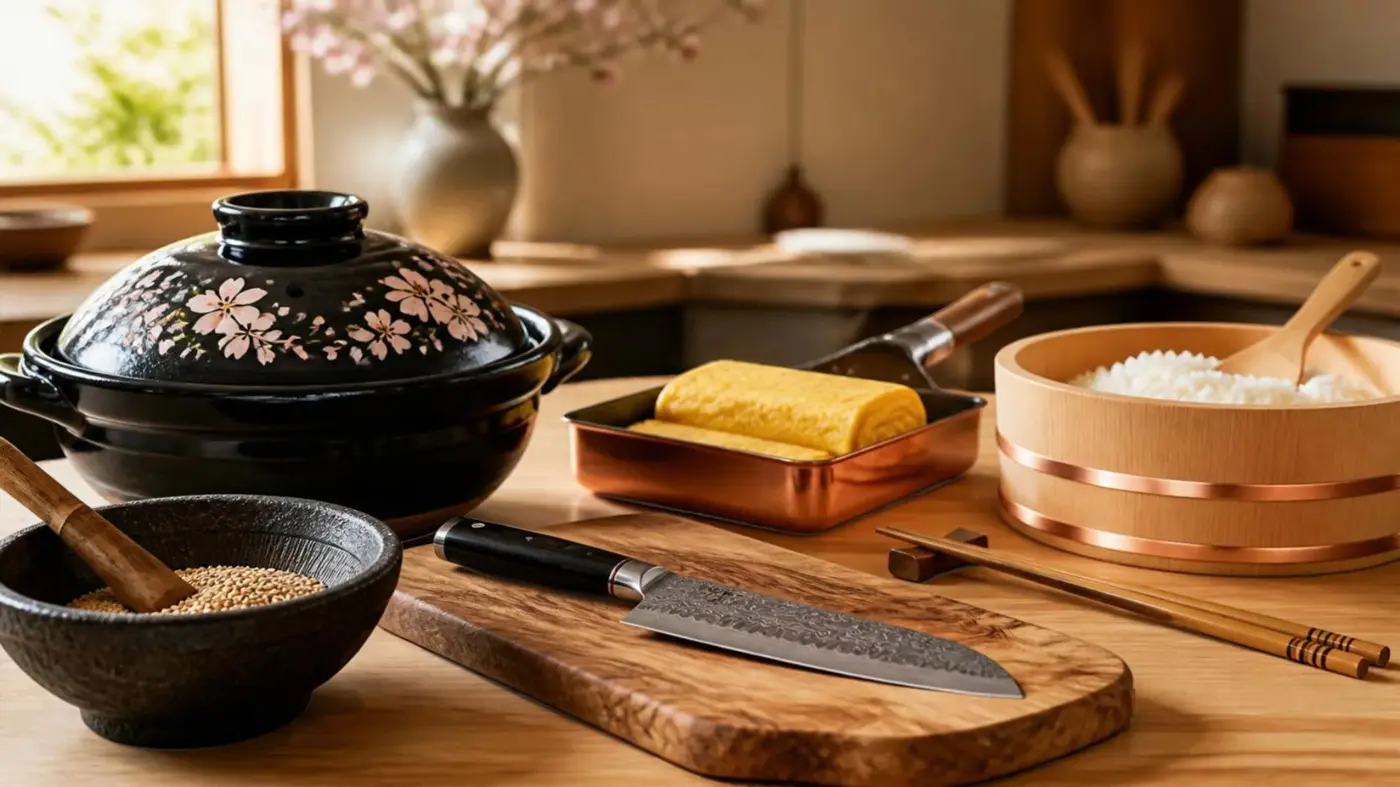 A black donabe with cherry blossoms, a copper tamagoyaki pan with a rolled omelet, a wooden sushi rice tub, a Damascus santoku knife, a suribachi with sesame seeds, and bamboo chopsticks on a wooden counter