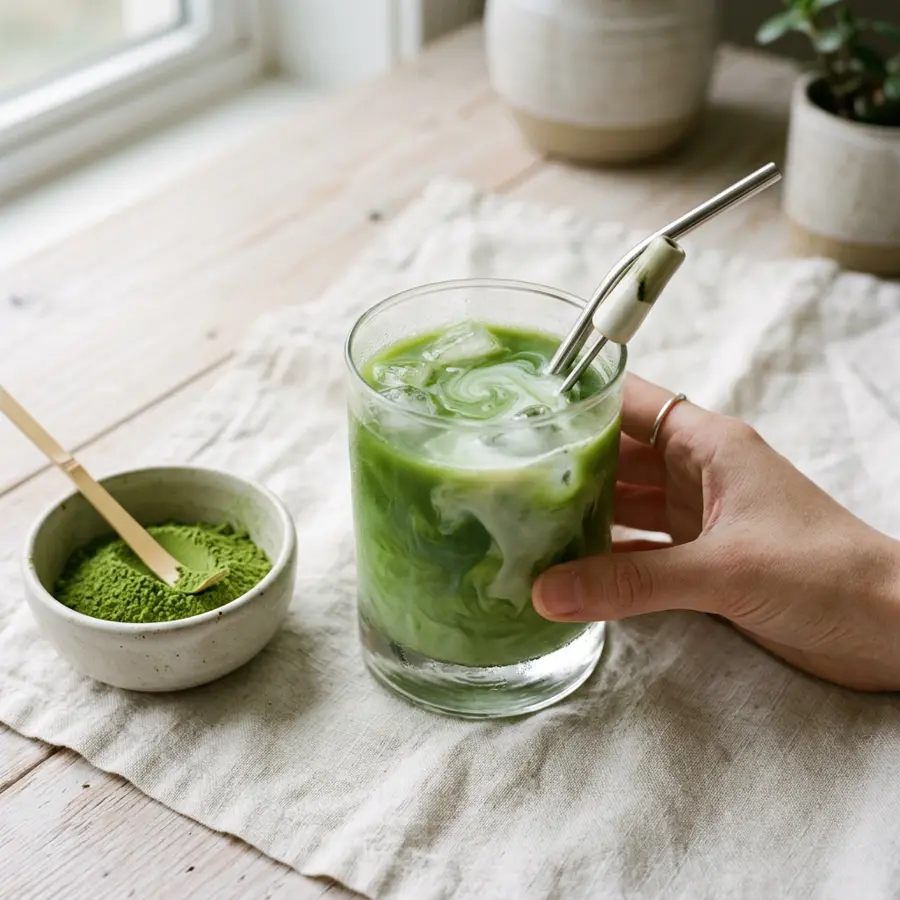 An iced matcha latte next to a small bowl of matcha powder