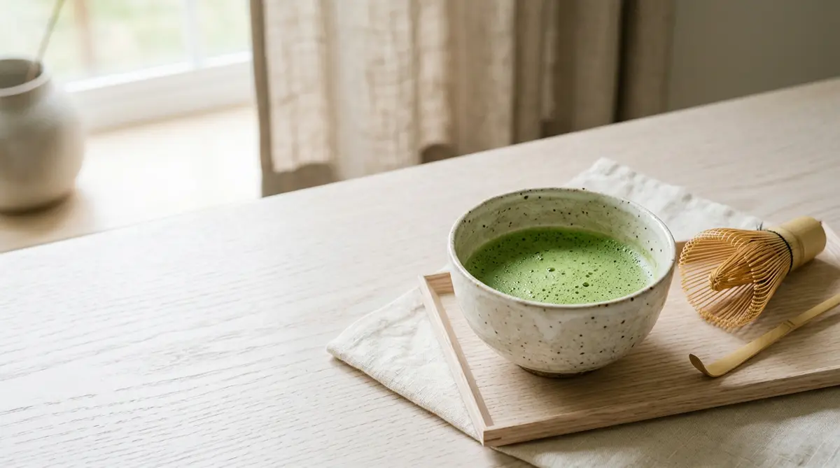 A bowl of frothy matcha beside a bamboo whisk on a wooden tray