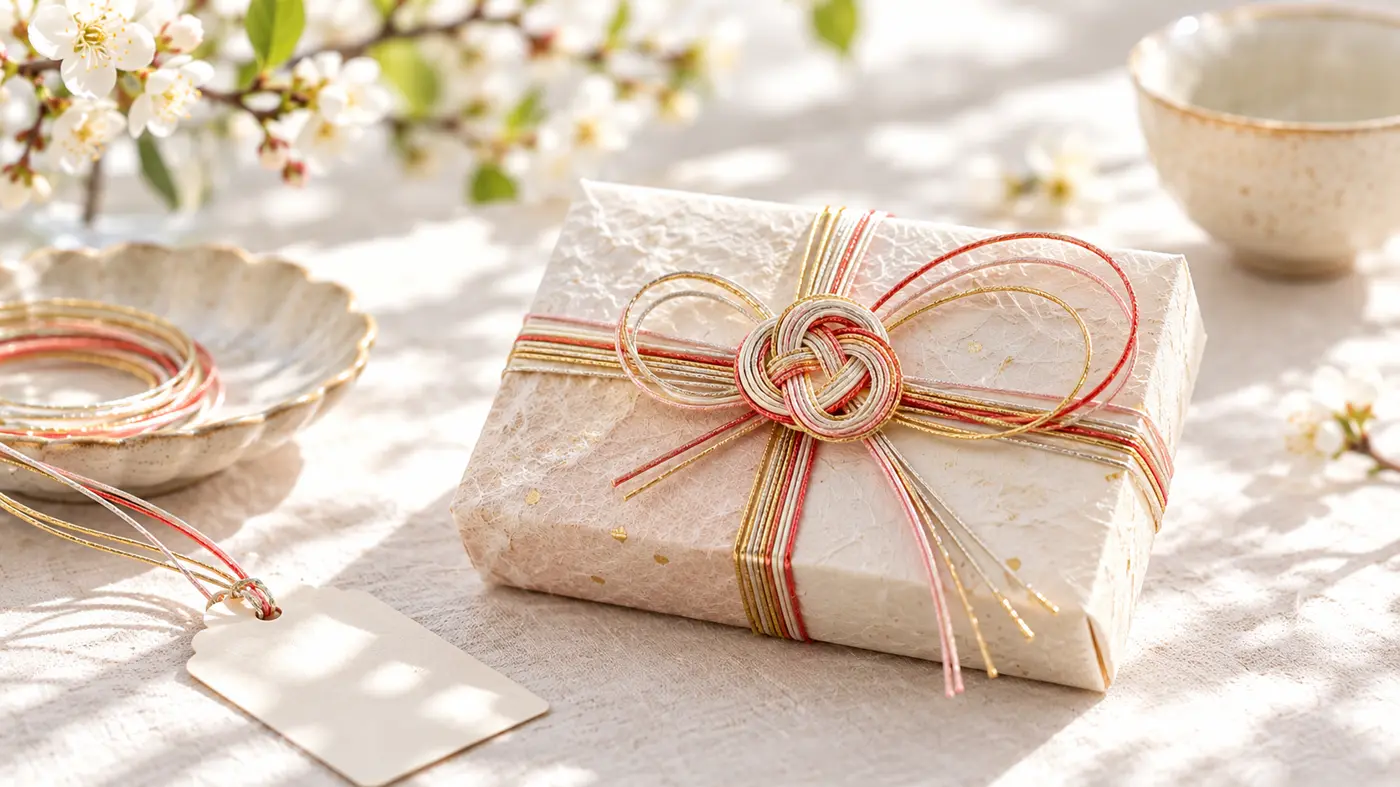 A gift wrapped in textured white paper and tied with red, white, and gold mizuhiki cords in a decorative knot, beside a blank gift tag