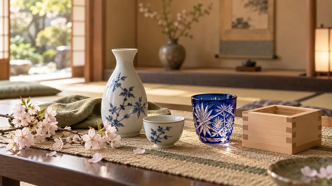 A blue-and-white porcelain sake flask and cup, a cobalt Edo Kiriko-style glass, and a hinoki masu on a table with cherry blossoms in a Japanese room