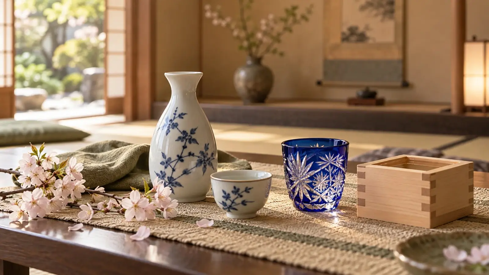 A blue-and-white sake flask and cup, a cobalt Kiriko-style glass, and a hinoki masu on a table with cherry blossoms