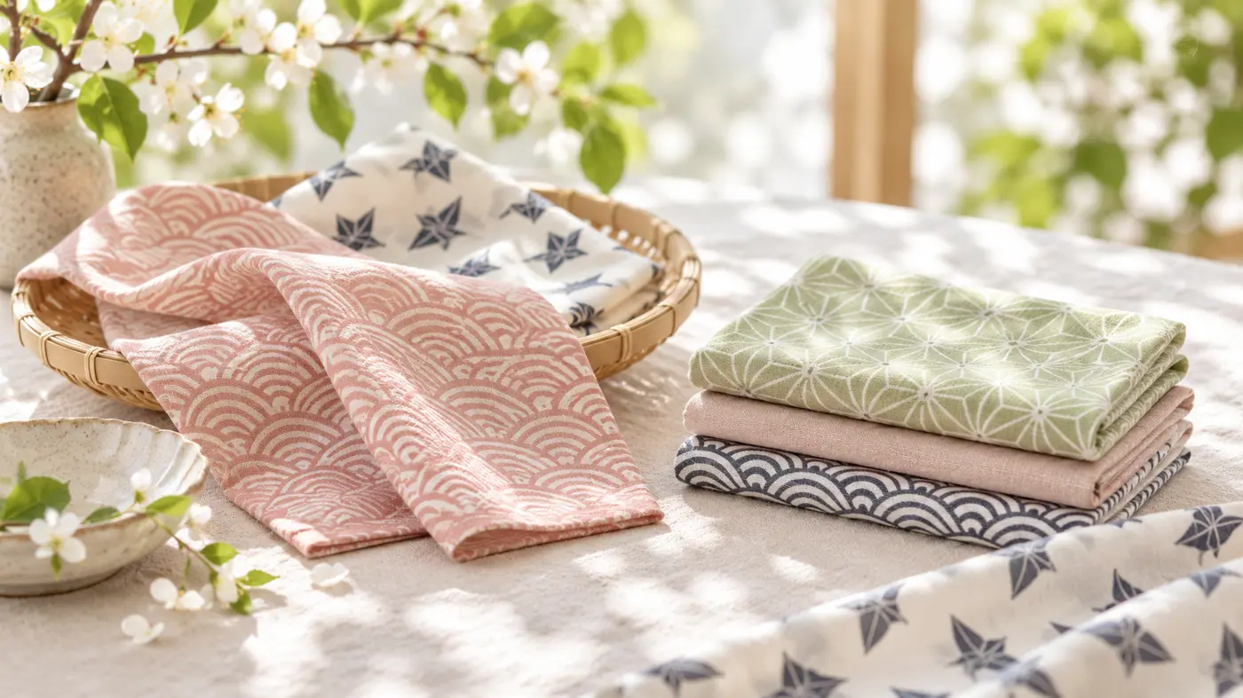 Patterned tenugui cloths folded in a stack and draped over a woven bamboo tray on a sunlit table
