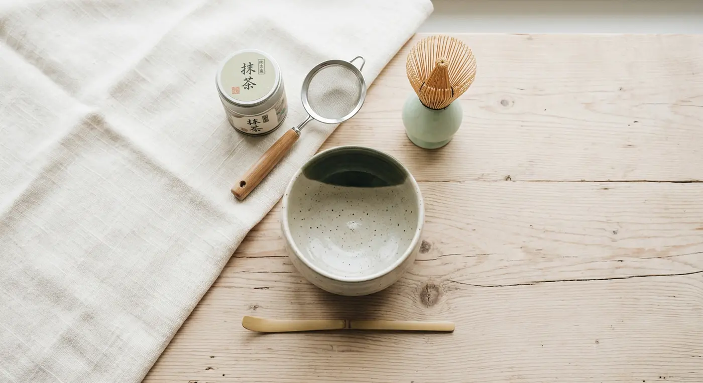 Matcha tools laid out on a wooden table: a tin of matcha, a sifter, a whisk on a holder, a bowl, and a bamboo scoop