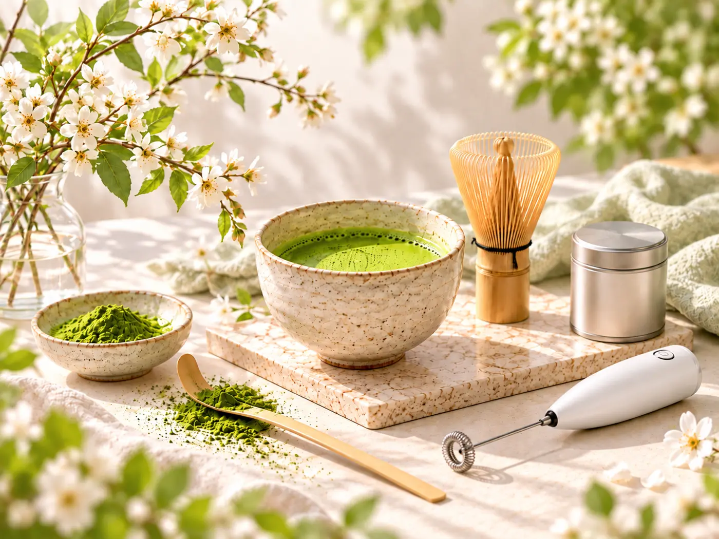 Matcha bowl, bamboo whisk, milk frother and matcha powder for making matcha at home