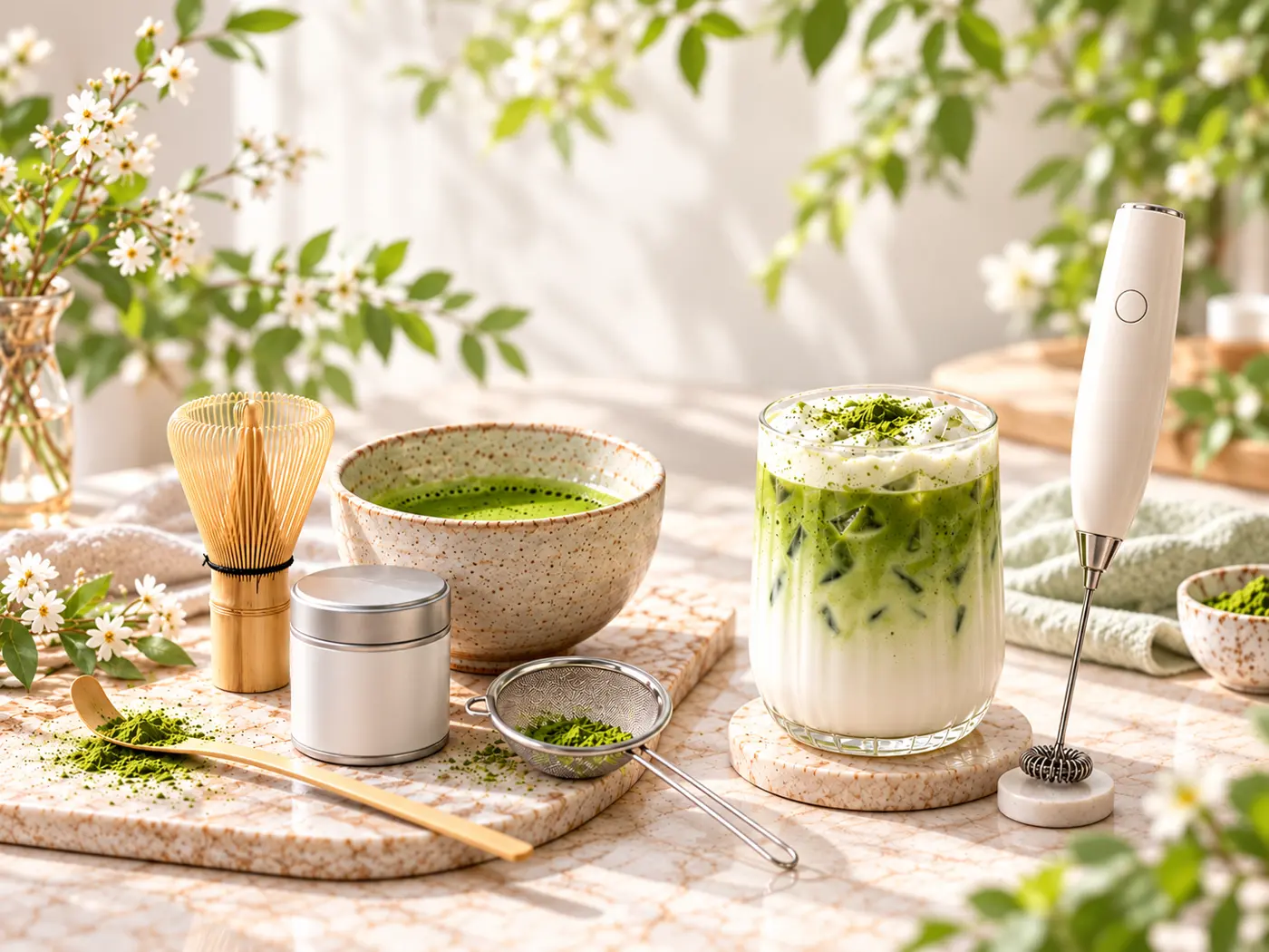 Matcha whisk, matcha bowl, iced matcha latte and milk frother for making matcha at home